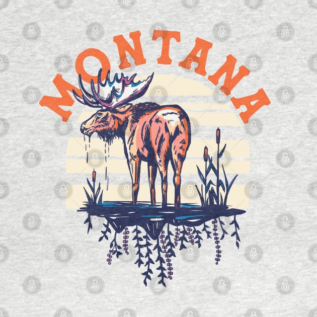 Big Sky Country Montana. Cool Retro Shirt Art Featuring A Moose by The Whiskey Ginger